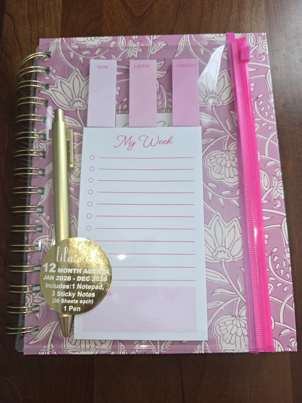 Grace Lilac Floral Weekly Planner with Pink Accents, Sticky Notes, Notepad & Pen